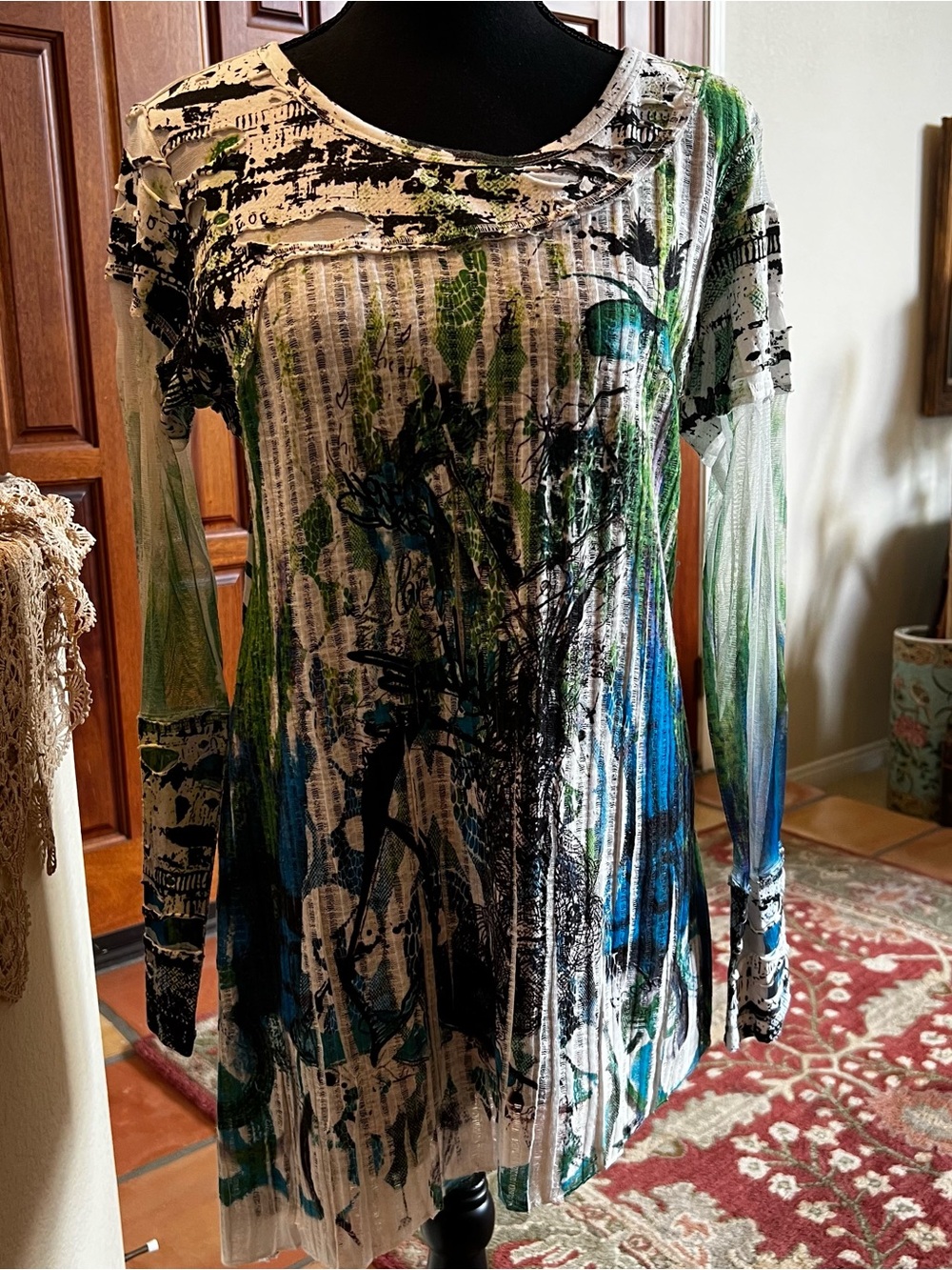 Adam Jacobs Abstract Multicolored Medium Shirt Tunic Top Green Blue Tones